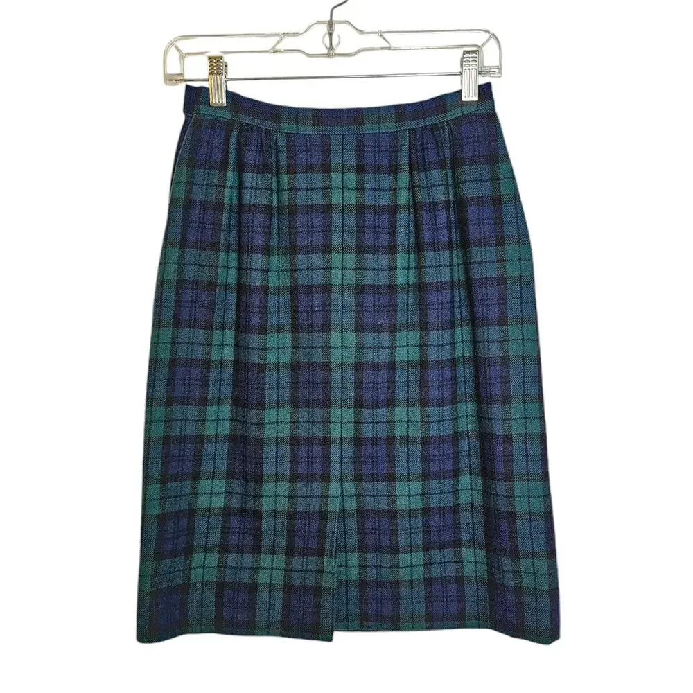 Vintage Petite Pendleton Authentic Black Watch Tartan Green Wool Plaid Skirt